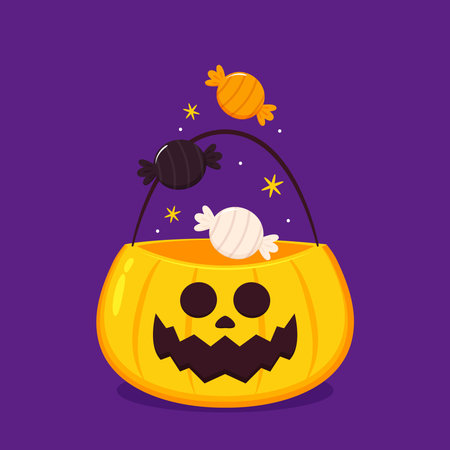 Pumpkin basket vector. Pumpkin basket empty for Halloween. Horrible vegetable basket of sweets.のイラスト素材