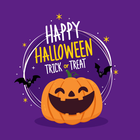 Trick or treat. Happy Halloween greeting card with cute pumpkin. Holidays cartoon character. Halloween pumpkin head vector.のイラスト素材