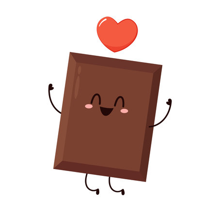 Cute and funny chocolate bar character. Chocolate mascot. Heart vector.のイラスト素材