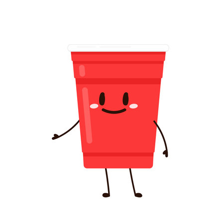 Red plastic party cup, material design. Red beer cup vector. plastic character design.のイラスト素材