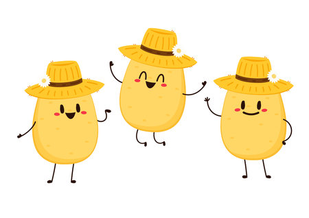 Potato character design. Potato vector. Potato cartoon on white background. Farmer hat. Peasant hat vector.のイラスト素材