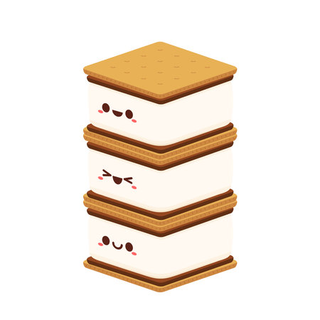 S'more graham cracker character. Chocolate bar and graham crackers. S'more graham cracker, chocolate, and marshmallow.のイラスト素材