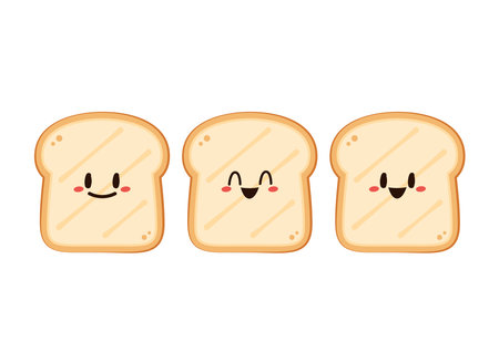 Cute happy toast. Vector cartoon character illustration icon design. Isolated on white background. Bread character design.のイラスト素材