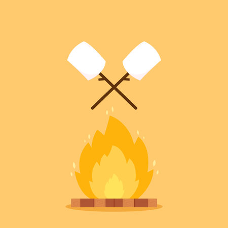 Marshmallow stick. Marshmallow piece on skewer roasting on forest bonfire. bonfire vector. Marshmallow cartoon vector.のイラスト素材