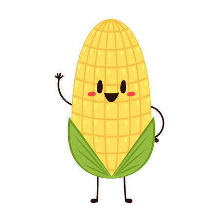 Corn cartoon vector. Cute vegetable vector character isolated on white. Corn mascot.のイラスト素材