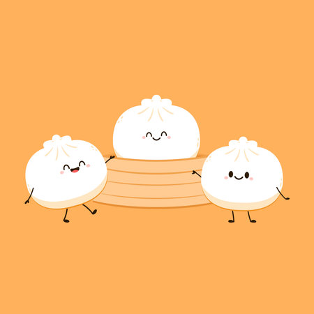 Cute Dim sum character, traditional Chinese dumplings, with funny smiling faces. Kawaii Asian food vector. wood basket.のイラスト素材