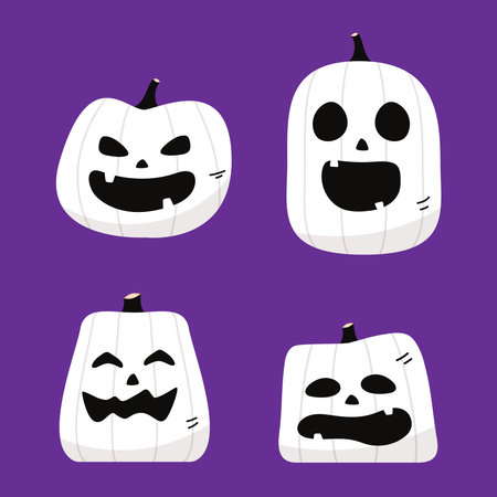 White Pumpkin head set. Cute and scary Halloween pumpkin monster set. Holidays cartoon character in flat style collection.のイラスト素材