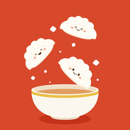 Gyoza cartoon vector. Hot dumplings and chopsticks on white background. Steamed dim sum or bun illustration for restaurant . Asian food icon for Japanese.のイラスト素材