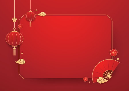Happy Chinese new year 2026. Chinese new year banner for show product. Greeting card. China frame with lantern on red background.のイラスト素材