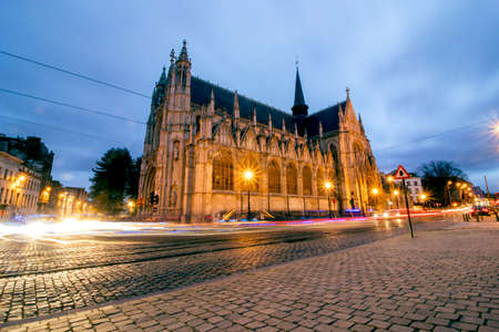 Brussels, Belgium. View of neo-Gothic Church of Our Lady of Laeken in the night. High exposure time with car lights in close upのeditorial素材