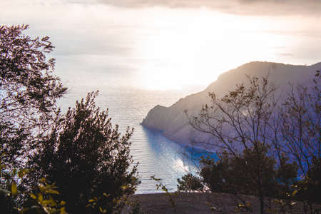 Mistery landscape with fir forest on coastline cliff in retro style and mediterranean sea in backgroundの写真素材