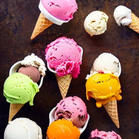 Ice cream scoops of different colors and flavors in waffle conesの素材