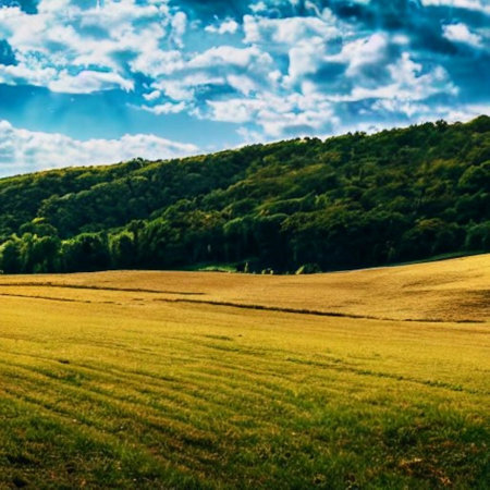 Beautiful summer landscape with green meadow and blue sky with cloudsの素材
