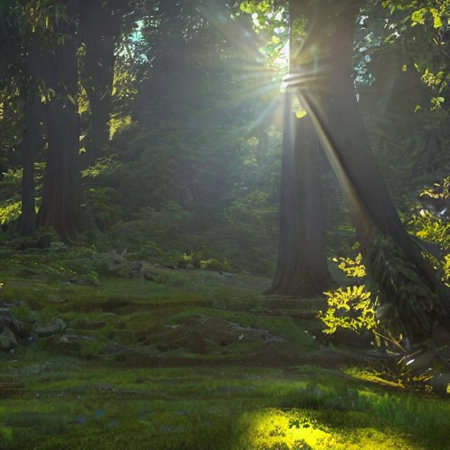 Morning in the forest. Sun rays through the trees and grass.の素材
