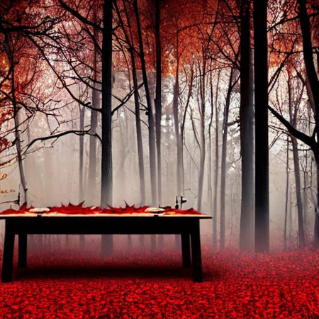 Autumn landscape with red leaves on the bench in foggy forestの素材