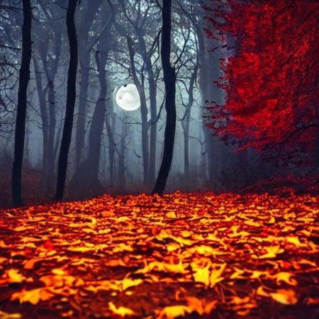 Autumn forest and full moon in a foggy misty nightの素材
