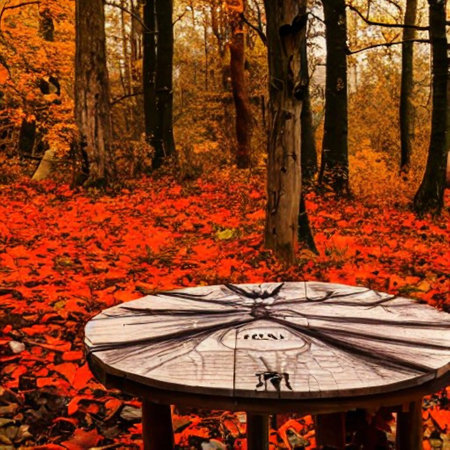 Wooden table in the autumn forest with fallen leaves. Selective focus.の素材