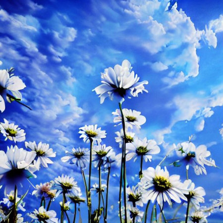 White daisies against blue sky with white clouds, floral backgroundの素材