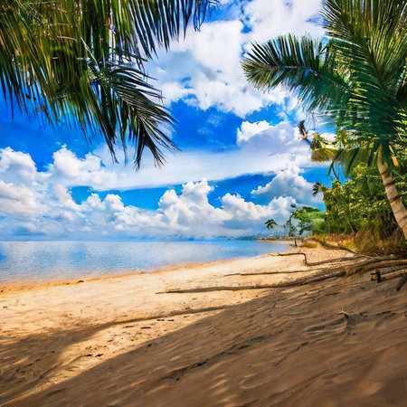 Beautiful tropical beach with coconut palm trees and blue sky. Nature backgroundの素材