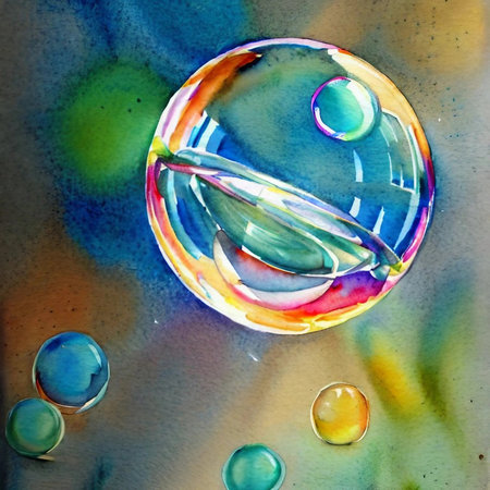 Watercolor soap bubbles on a colored background. Watercolor painting.の素材