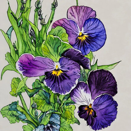 Violet pansy bouquet. Watercolor hand drawn illustration.の素材