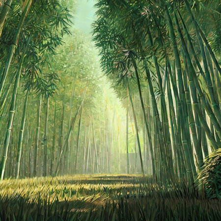 Bamboo forest. Nature background. Digital painting. 3d renderingの素材