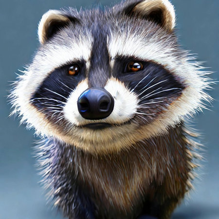 Portrait of a raccoon close-up on a gray backgroundの素材