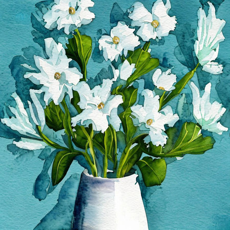 Bouquet of white flowers in a vase on a blue backgroundの素材