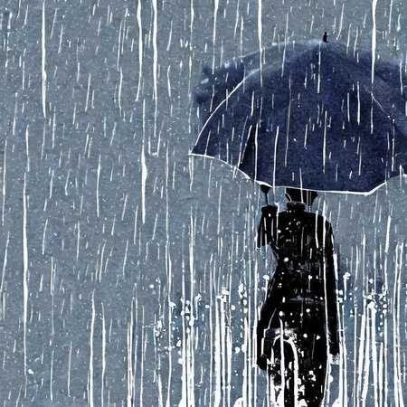 A silhouette of a woman standing in the rain with an umbrella.の素材