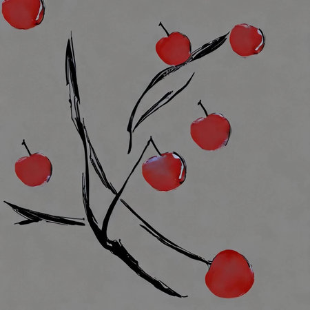 cherry branch with red berries on a gray background, watercolorの素材
