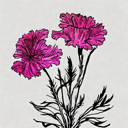 Pink carnation flowers on a white background. Hand-drawn illustration.の素材
