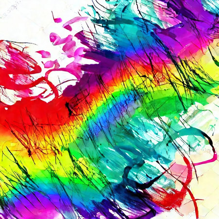 abstract rainbow background with watercolor stains and splashes on white paperの素材