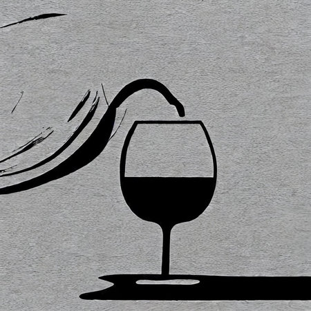 Glass of red wine with a silhouette of a wave on the wallの素材