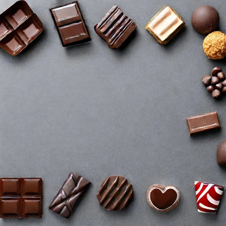 Assorted chocolate candies on grey background. Top view with copy spaceの素材