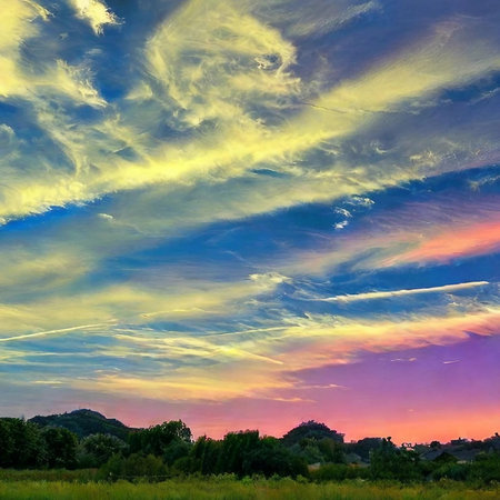 Dramatic sunset over the meadow. Colorful sky.の素材