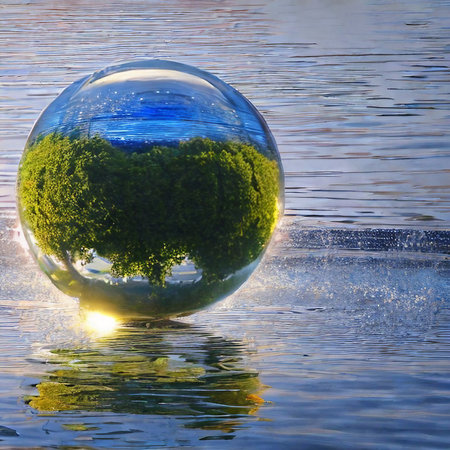 Glass ball with green tree and reflection on water surface. Nature backgroundの素材