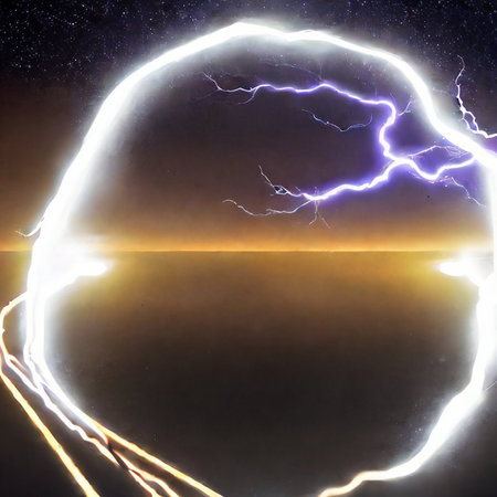 Lightning in the night sky with a heart shape on it.の素材