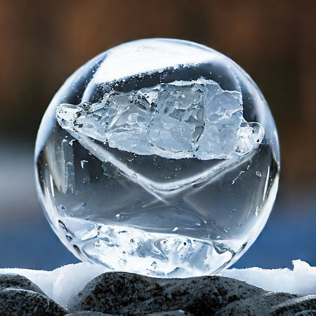 crystal ball with ice on the ground in the winter forest.の素材
