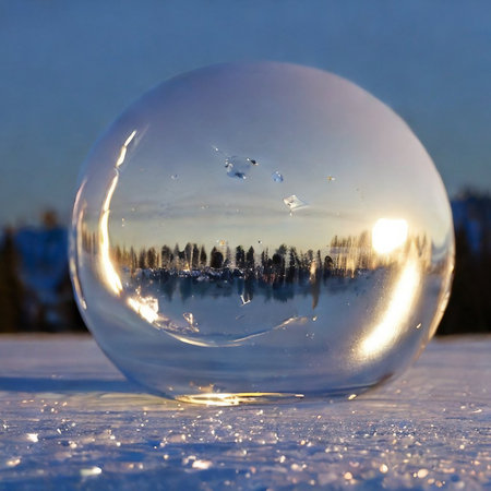 Snowball in the shape of a snow globe with forest in the backgroundの素材