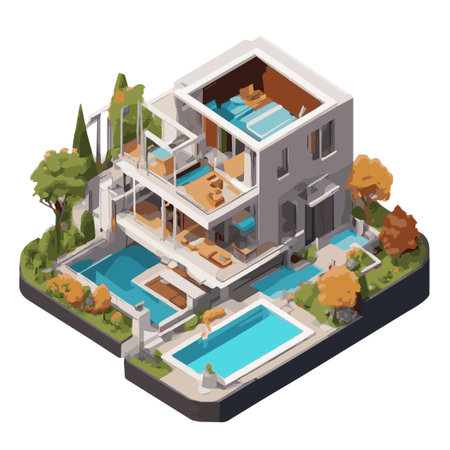 Modern house isometric composition with swimming pool and villa vector illustrationの素材
