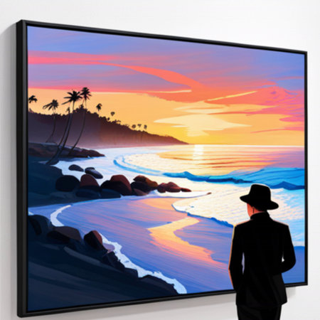 Man watching a picture on a wall in a room with a sea viewの素材