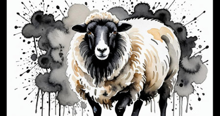 Sheep and ink splashes on black background. Watercolor illustrationの素材