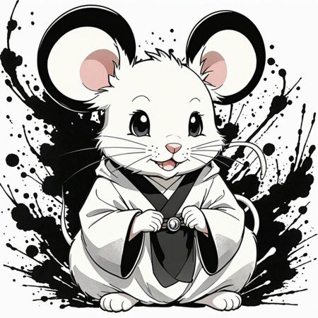 Cute white mouse with black ink splashes. Vector illustration.の素材