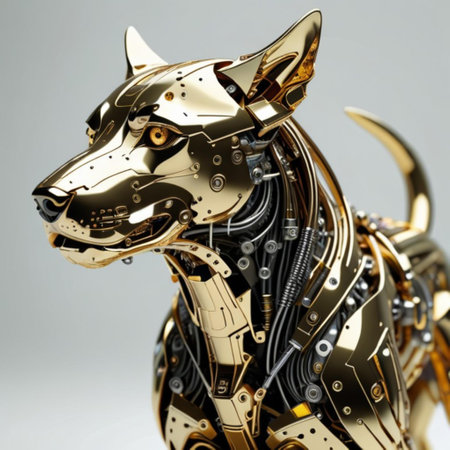 Digital 3D Illustration of a Golden Dog Head in a Technology Conceptの素材