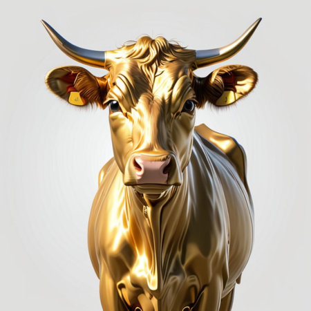 Golden bull with horns on a white background. 3d rendering.の素材
