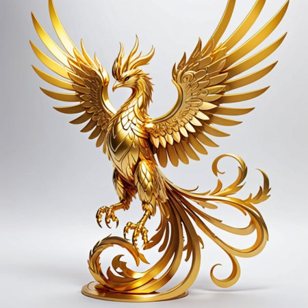 Golden eagle with golden wings on a white background. 3d renderingの素材