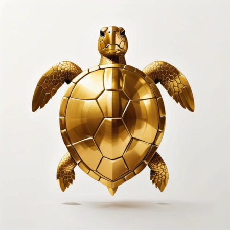 Golden turtle isolated on a white background. 3d render illustration.の素材