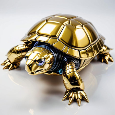 3d illustration of a golden turtle on a white background with reflectionの素材