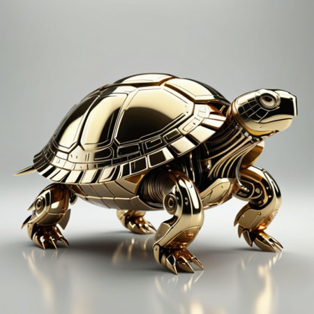 3d render of a golden turtle on a gray background with reflectionの素材