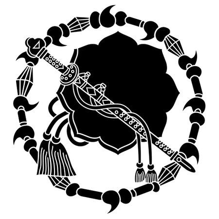 Black and white illustration of a shield decorated with arrows and feathers.のイラスト素材